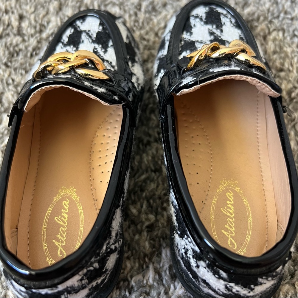 Atalina Toddler Girl Loafers Houndstooth With Gold Chain‎ Link Size 10 - Picture 10 of 16